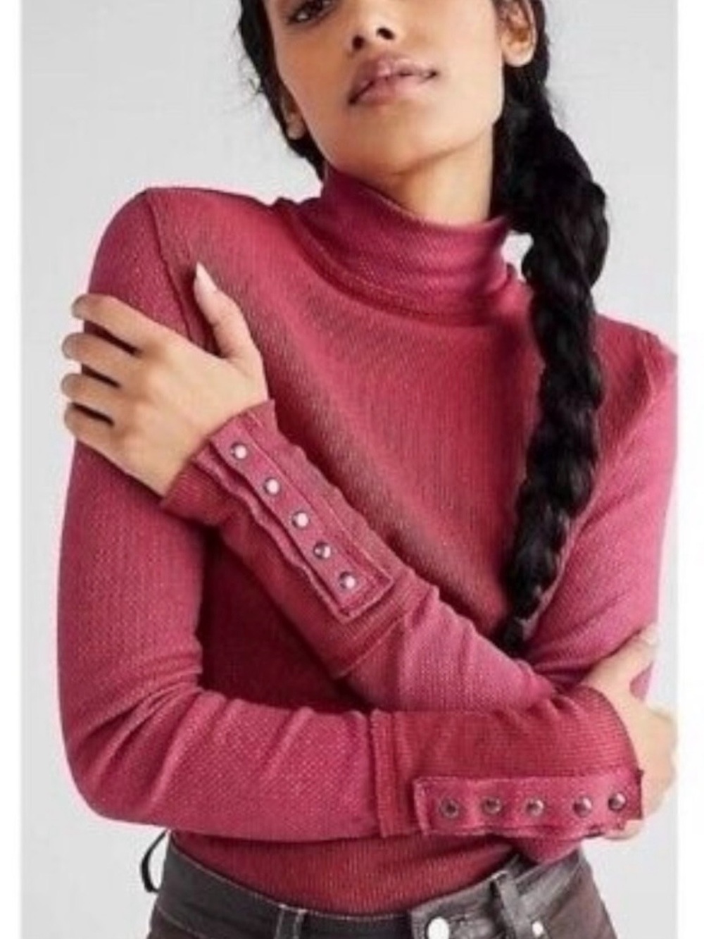 Free People Jojo Long Sleeve Thermal Raw Hem Tee Red Size XS NWOT